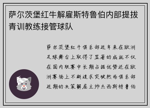 萨尔茨堡红牛解雇斯特鲁伯内部提拔青训教练接管球队 萨尔茨堡红牛解雇斯特鲁伯内部提拔青训教练接管球队